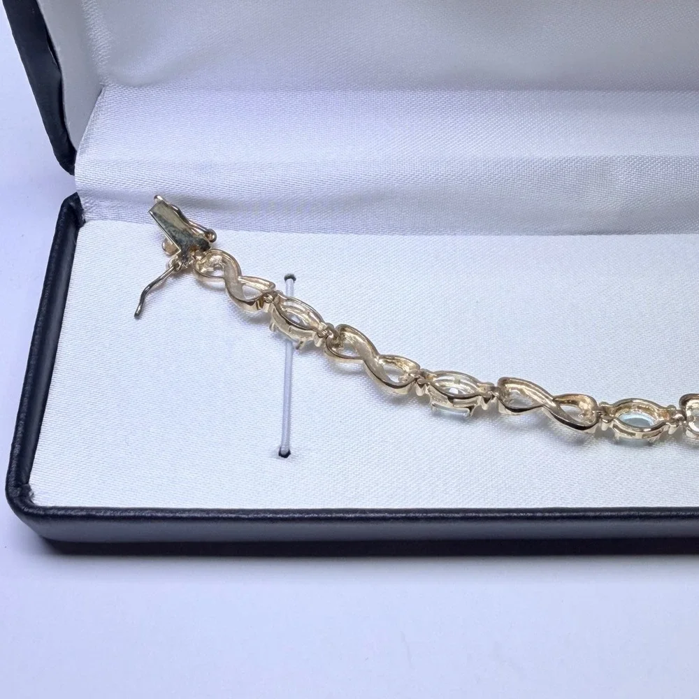 18KT Gold Over Silver Blue Topaz Diamond Infinity Link‎ Bracelet 925 China